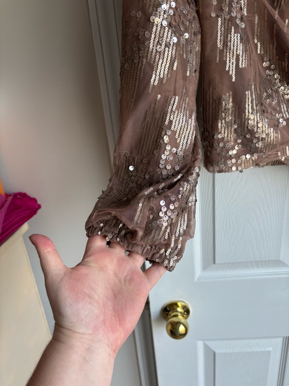 Sequin Taupe Wrap Blouse with Tie Front - Picture 3 of 5